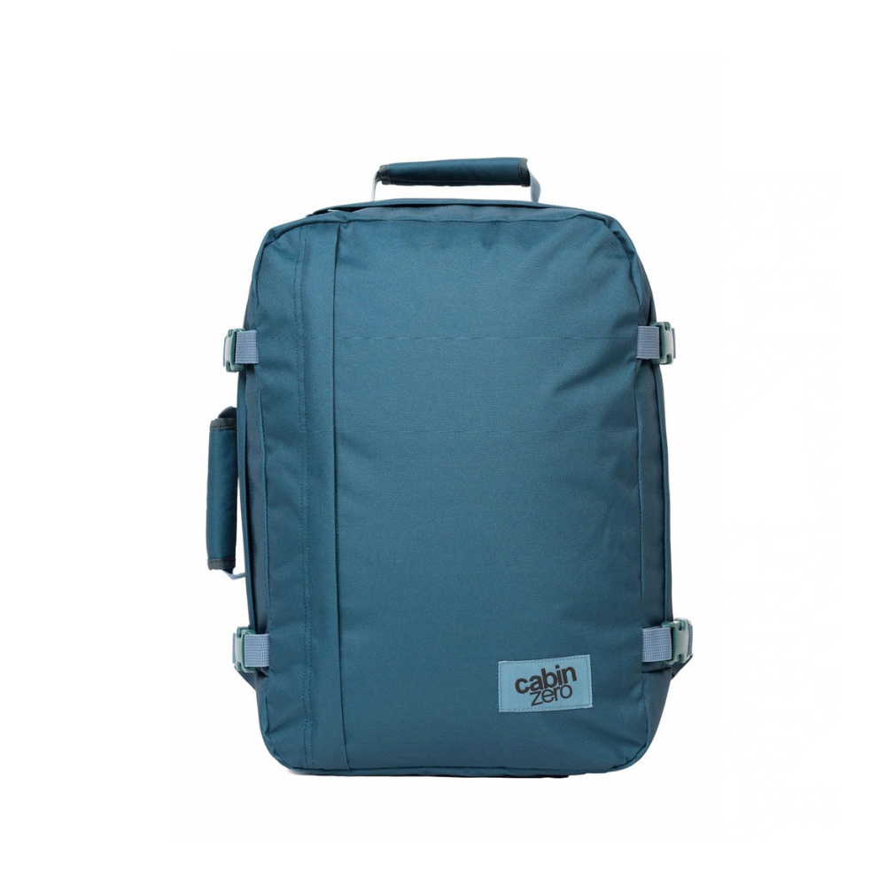 CabinZero Classic 36L Travel Cabin Bag in Aruba Blue color, lightweight carry-on backpack for travel