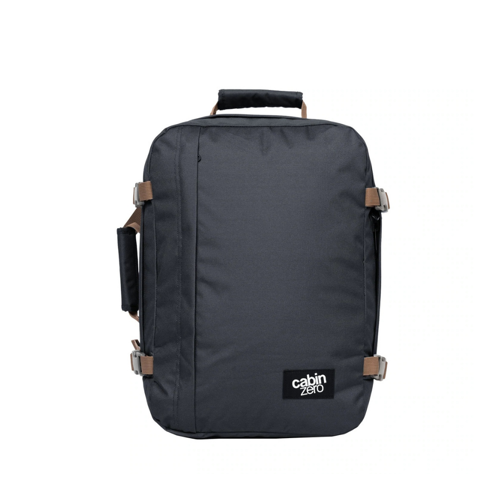 CabinZero Classic 36L Travel Cabin Bag in Black Sand color, lightweight carry-on backpack for travel