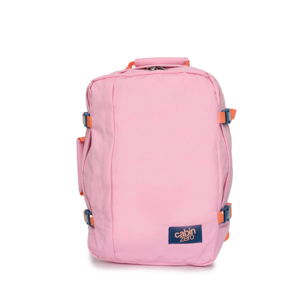 CabinZero Classic 36L Travel Cabin Bag in Flamingo Pink color, lightweight carry-on backpack for travel
