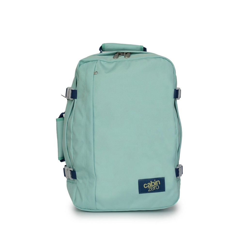 CabinZero Classic 36L Travel Cabin Bag in Green Lagoon color, lightweight carry-on backpack for travel