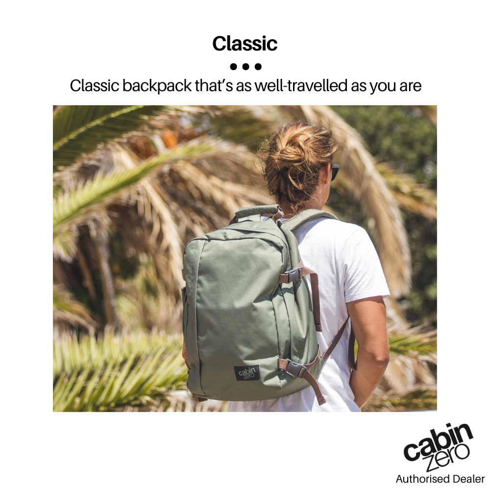 Traveler wearing CabinZero Classic 36L Travel Cabin Bag outdoors, versatile lightweight backpack for adventure and daily use