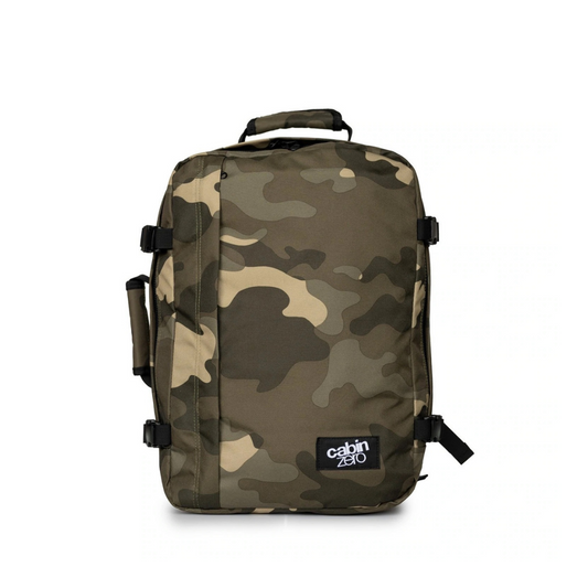 CabinZero Classic 36L Travel Cabin Bag in Urban Camo color, lightweight carry-on backpack for travel