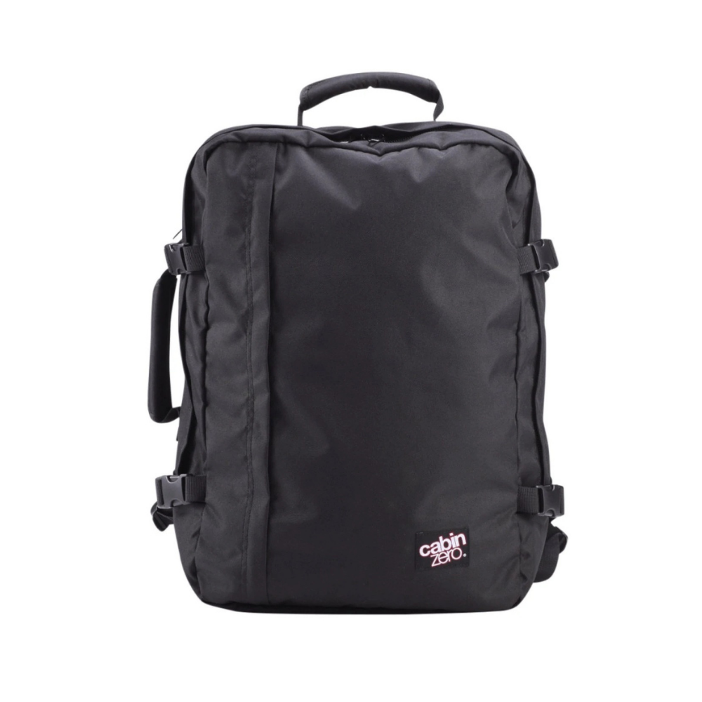 CabinZero Classic 44L travel cabin bag in Absolute Black color, ideale lifestyle product image for classic minimalist travel