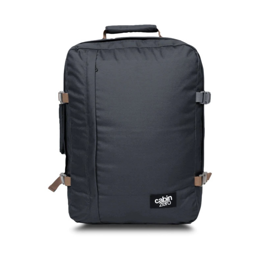 CabinZero Classic 44L travel cabin bag in Black Sand color, ideale lifestyle product image for sleek urban travel