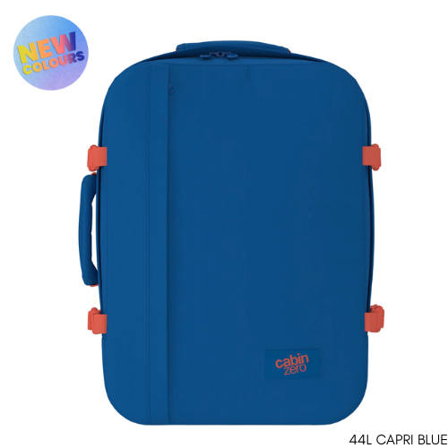 CabinZero Classic 44L travel cabin bag in Capri Blue color, ideale lifestyle product image for fresh travel collection