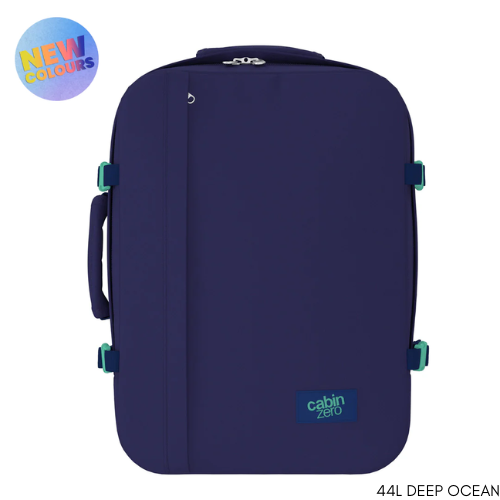 CabinZero Classic 44L travel cabin bag in Deep Ocean color, ideale lifestyle product image for sleek and modern travel collection