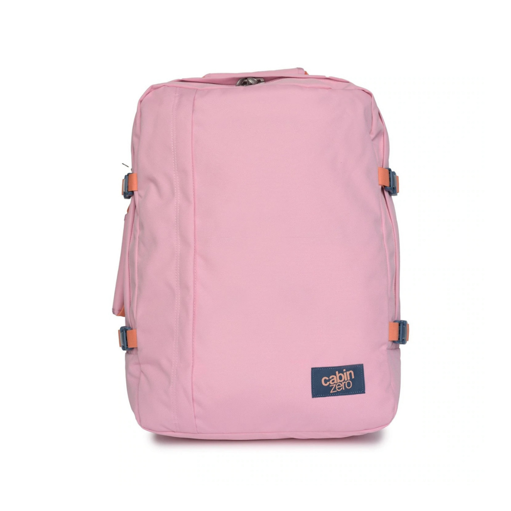 CabinZero Classic 44L travel cabin bag in Flamingo Pink color, ideale lifestyle product image for vibrant travel style
