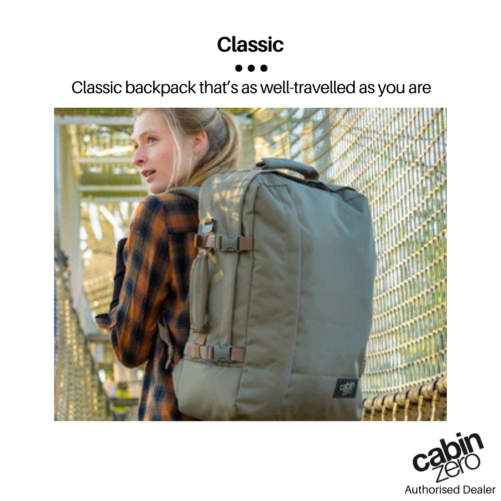 CabinZero Classic 44L travel cabin bag in Georgian Khaki worn by a traveler on a bridge, ideale lifestyle product image for adventure and style