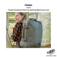 CabinZero Classic 44L travel cabin bag in Georgian Khaki worn by a traveler on a bridge, ideale lifestyle product image for adventure and style