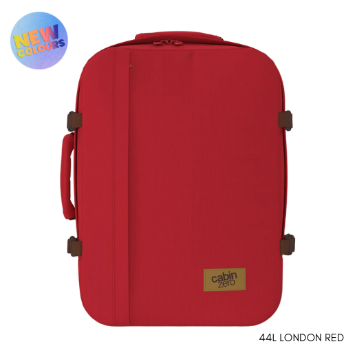 CabinZero Classic 44L travel cabin bag in London Red color, ideale lifestyle product image for bold travel style