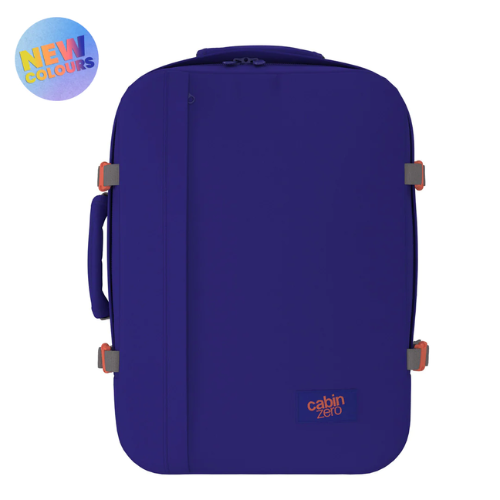 CabinZero Classic 44L travel cabin bag in Neptune Blue color, ideale lifestyle product image for modern travel essentials