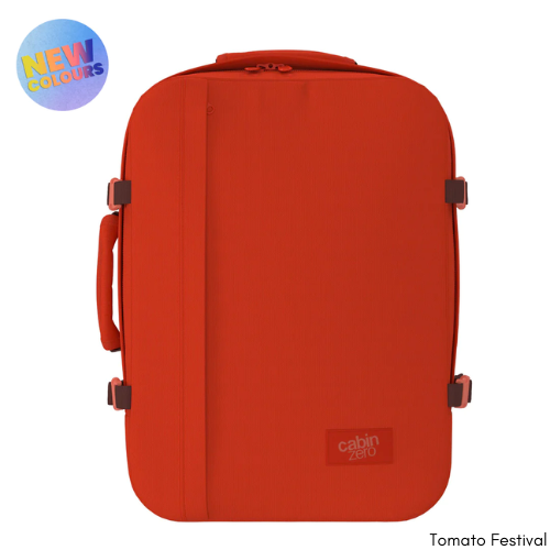 CabinZero Classic 44L travel cabin bag in Tomato Festival color, ideale lifestyle product image for new vibrant travel gea