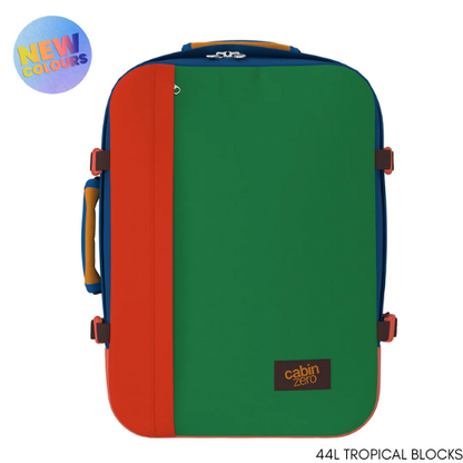 CabinZero Classic 44L travel cabin bag in Tropical Blocks color, ideale lifestyle product image for colorful travel gear collection