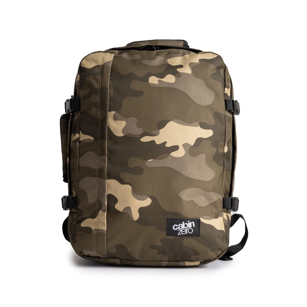 CabinZero Classic 44L travel cabin bag in Camo Urban color, ideale lifestyle product image for urban adventure