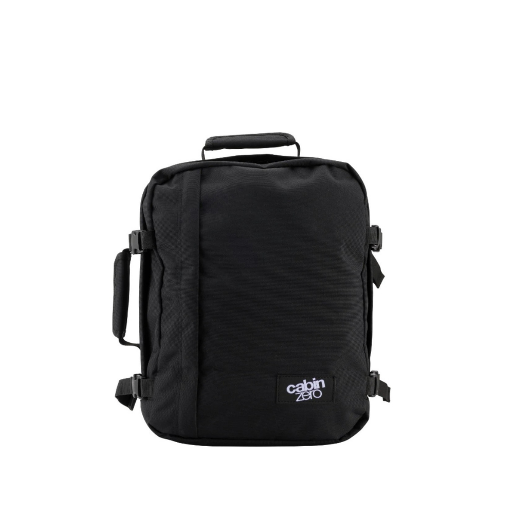 CabinZero Classic Absolute Black 28L backpack with all-black design and subtle logo, front view, ideal for travel and everyday use, available at ideale lifestyle.