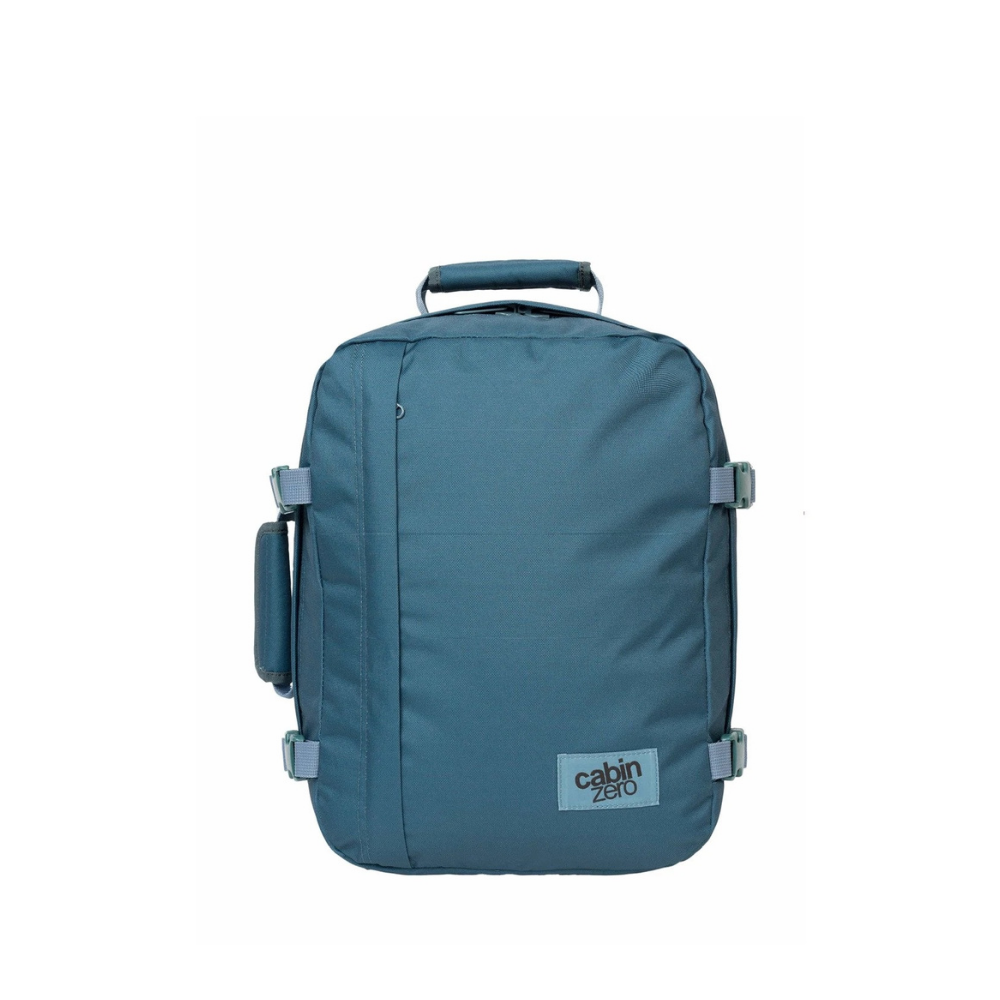 CabinZero Classic Aruba Blue 28l backpack with light blue accents, front view, perfect for travel and daily use, available at ideale lifestyle.