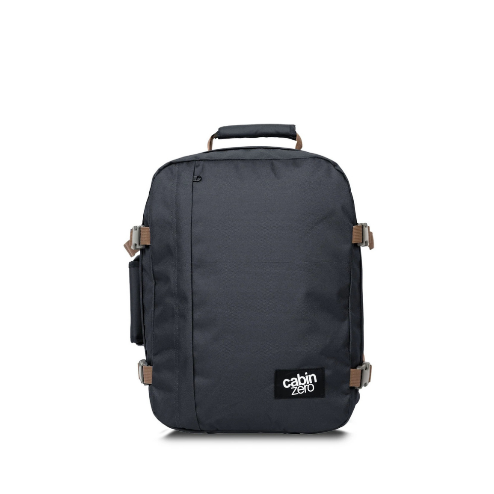 CabinZero Classic Black Sand 28l backpack in dark charcoal black with brown accents, front view, perfect for travel and daily use, available at ideale lifestyle.