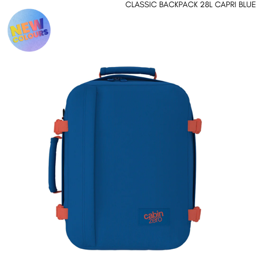 CabinZero Classic Capri Blue 28L backpack in bold blue with orange accents, front view, perfect for travel and everyday use, available at ideale lifestyle