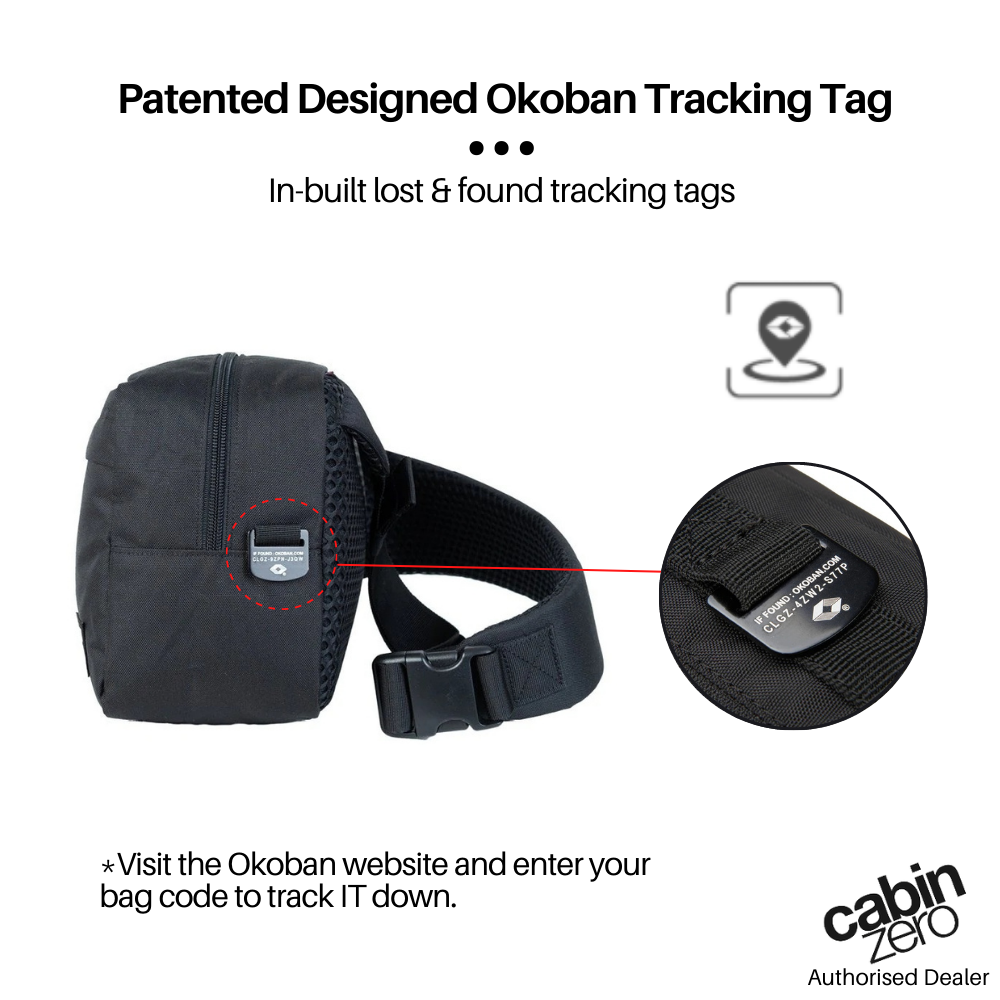 CabinZero Classic Cross Body 11L Companion Bag features Okoban patented tracking tag for lost & found, in-built tag shown closeup with website tracking instructions