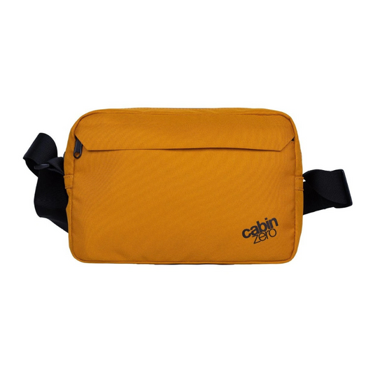 CabinZero Classic Crossbody Bag in Orange Chill with adjustable black strap and front pocket.