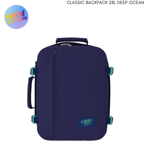 CabinZero Classic Deep Ocean 28L backpack in dark navy blue with teal accents, front view, ideal for travel and daily use, available at ideale lifestyle.
