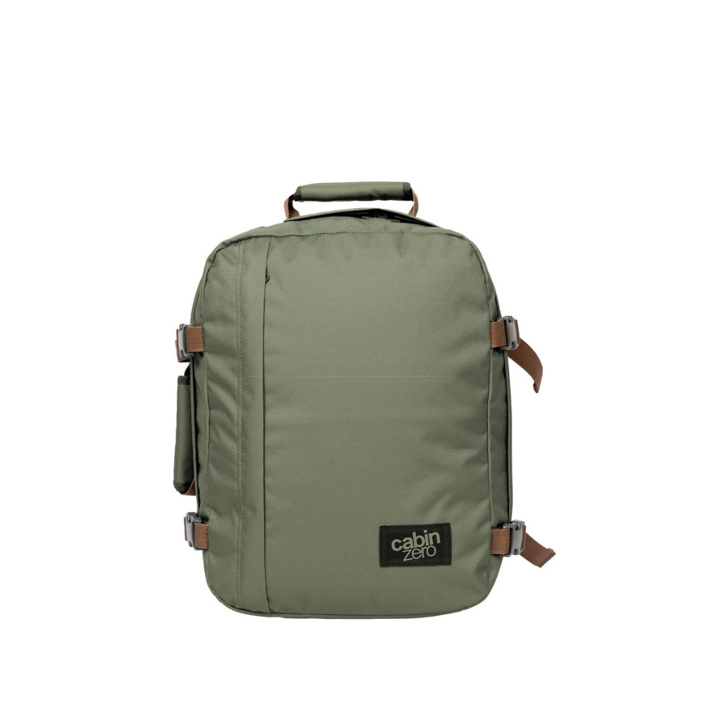 CabinZero Classic Georgian Khaki 28l backpack in olive green with brown accents, front view, perfect for travel and everyday use, available at ideale lifestyle.
