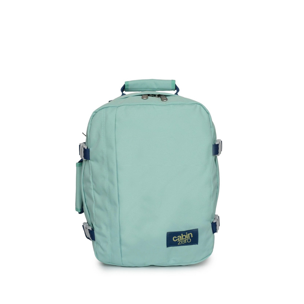 CabinZero Classic Green Lagoon 28l backpack with navy accents, front view, ideal for travel and daily use, available at ideale lifestyle.