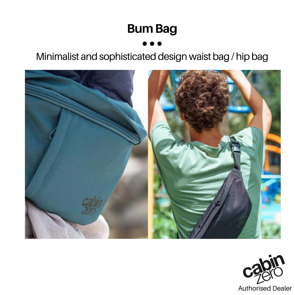 CabinZero Classic Hip Pack 2L minimalist lifestyle collage, showing blue and black hip bags worn for travel and daily activities
