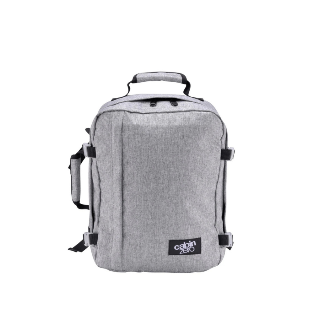 CabinZero Classic Ice Grey 28l backpack in light heather grey with black accents, front view, ideal for travel and daily use, available at ideale lifestyle.