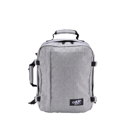CabinZero Classic Ice Grey 28l backpack in light heather grey with black accents, front view, ideal for travel and daily use, available at ideale lifestyle.