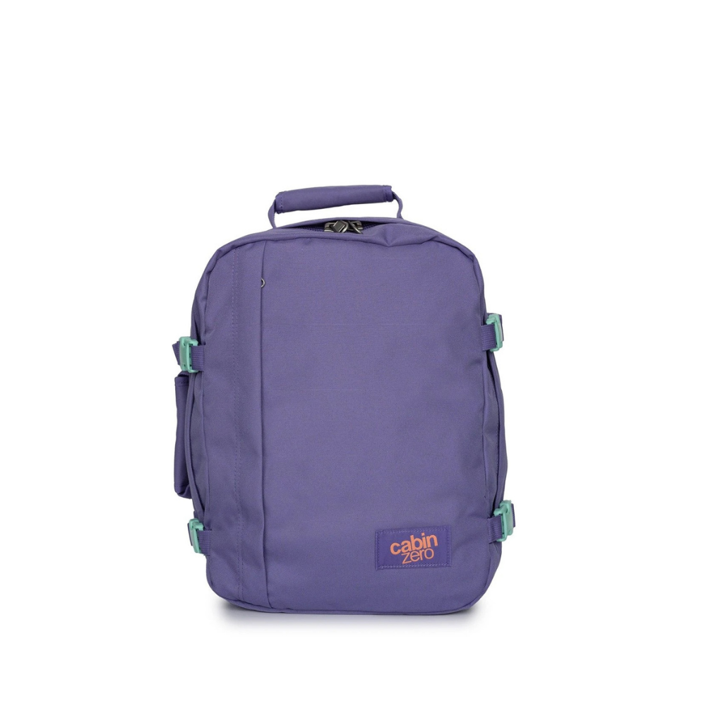 CabinZero Classic Lavender Love purple 28l backpack with mint green accents, front view, ideal for travel and daily adventures, available at ideale lifestyle.