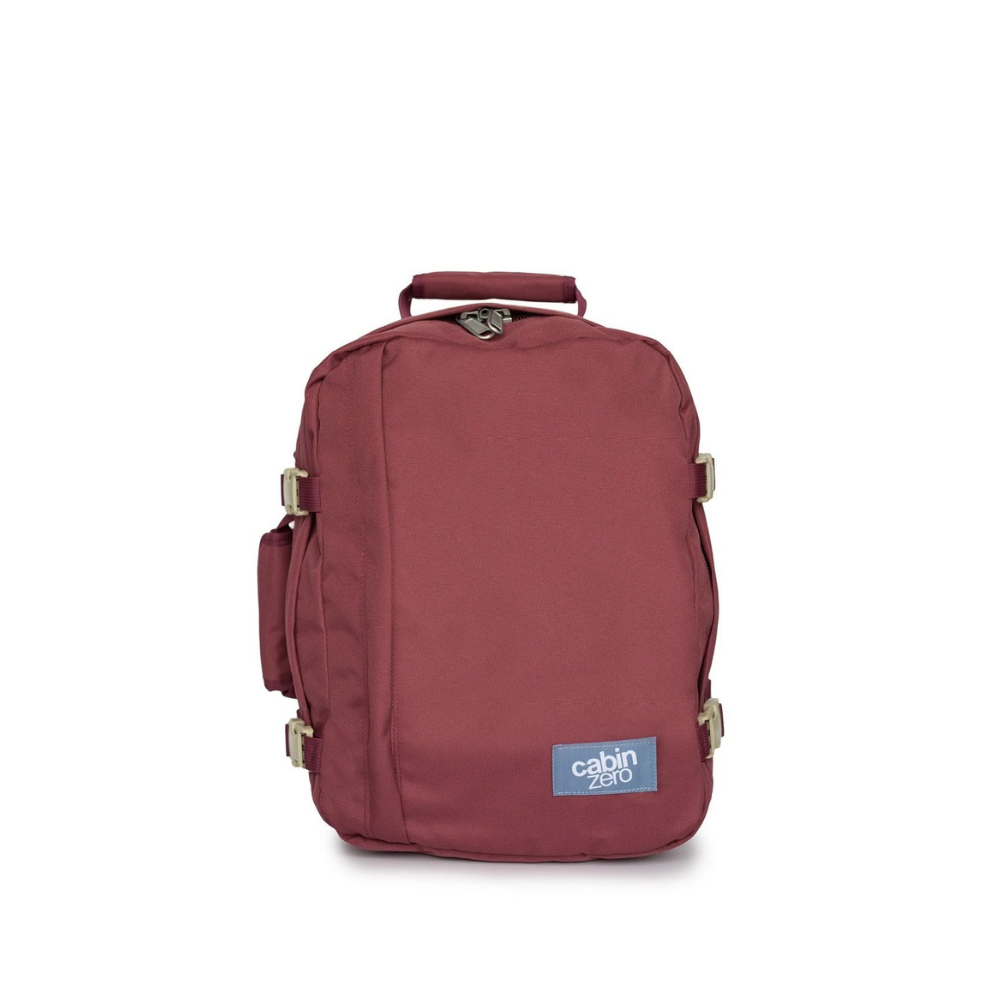 CabinZero Classic Napa Wine 28l backpack in burgundy red with beige accents, front view, ideal for travel and daily use, available at ideale lifestyle.