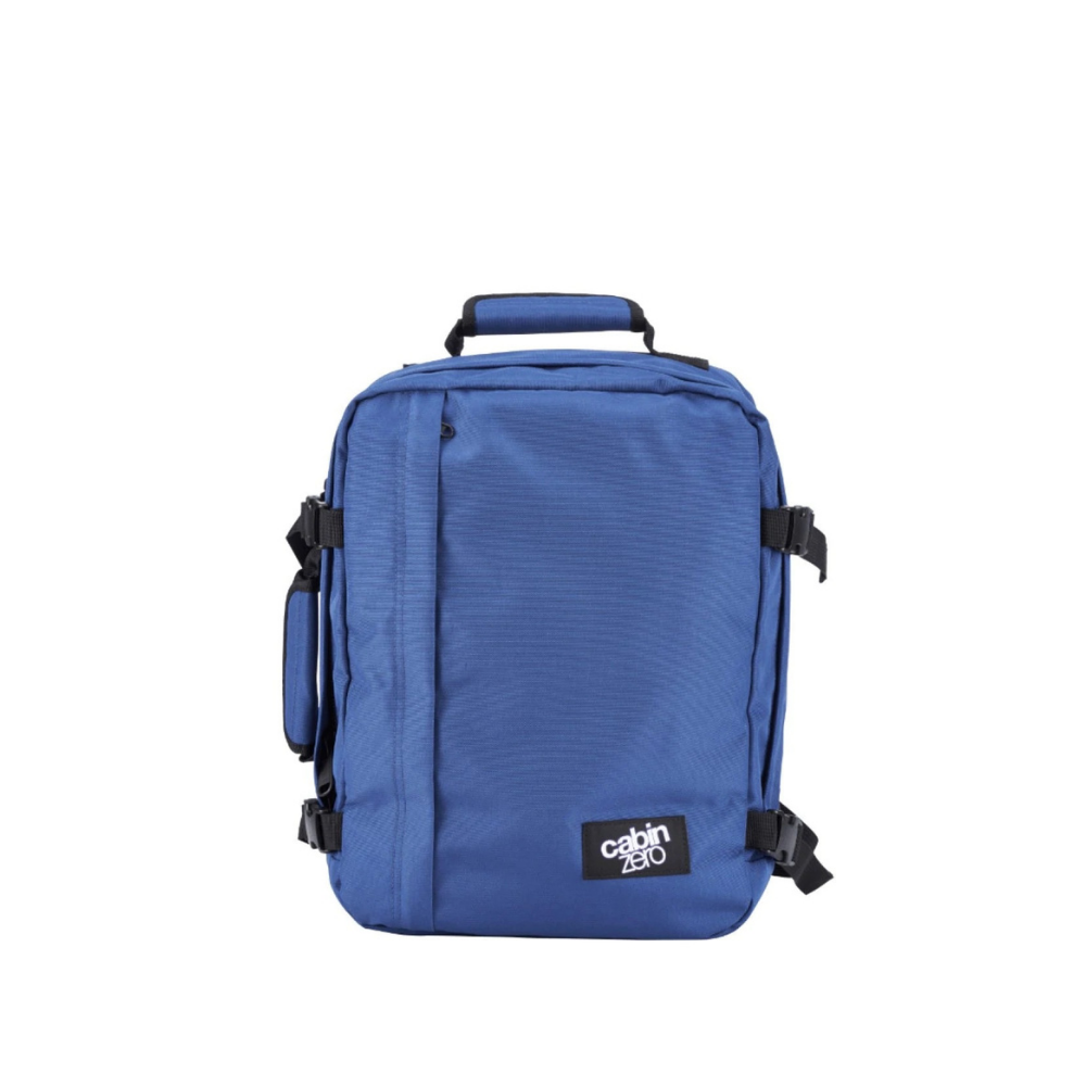 CabinZero Classic Navy 28L backpack in deep blue with black accents, front view, perfect for travel and everyday use, available at ideale lifestyle.