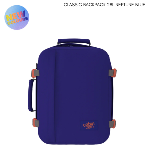 CabinZero Classic Neptune Blue 28L backpack in vivid blue with orange accents, front view, ideal for travel and daily use, available at ideale lifestyle.