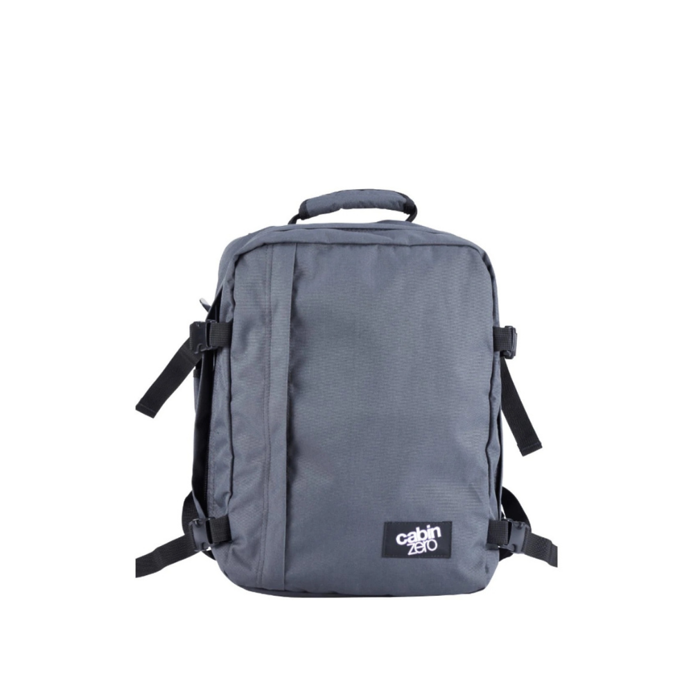 CabinZero Classic Original Grey 28L backpack in medium grey with black accents, front view, perfect for travel and everyday use, available at ideale lifestyle