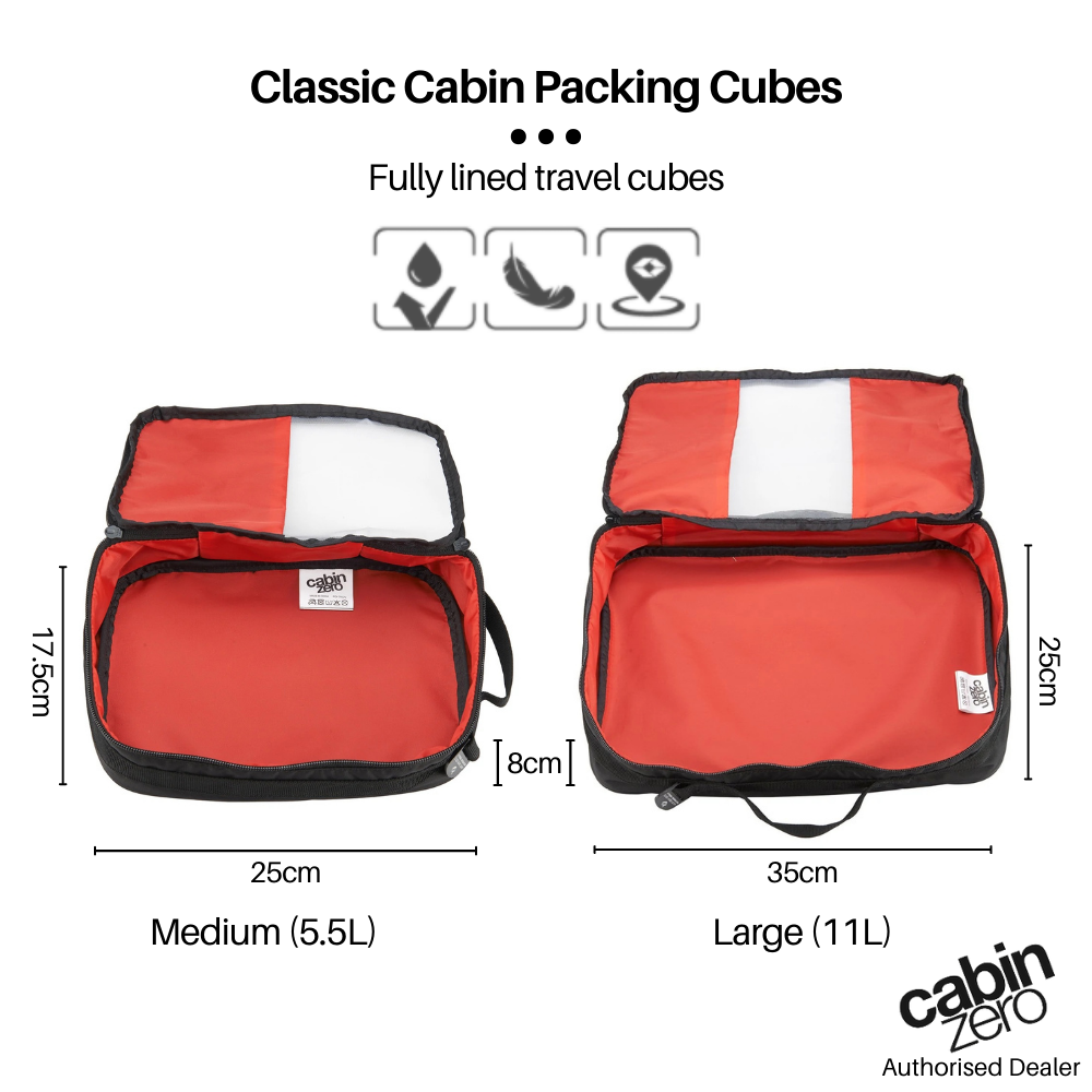 CabinZero Classic Packing Cubes size comparison: medium 5.5L and large 11L, fully lined travel cubes with dimensions