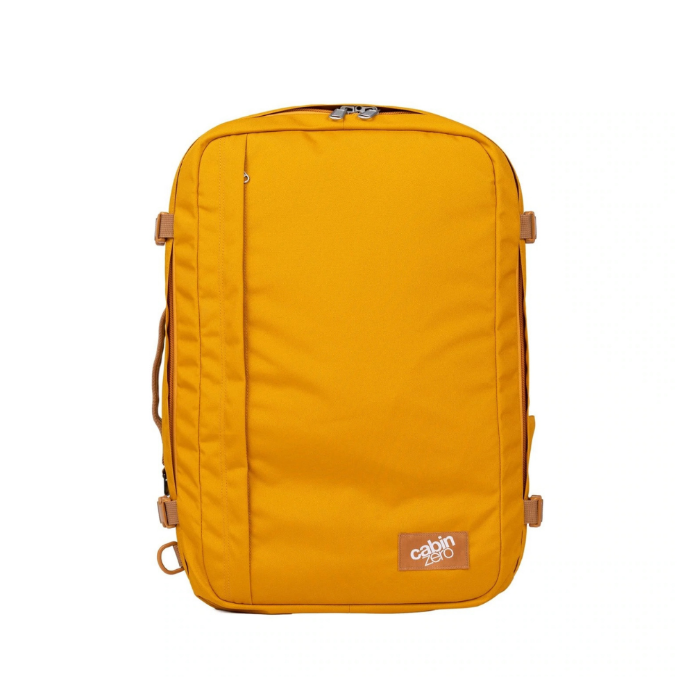 CabinZero Classic Plus 42L travel cabin bag in orange chill, spacious airline-ready backpack for trips
