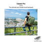 CabinZero Classic Pro 42L Travel Cabin Bag in Georgian Khaki, travel lifestyle photo with backpack outdoors overlooking cityscape