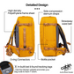 CabinZero Classic Pro 42L Travel Cabin Bag in Orange Chill, side design features with bottle pocket, D-ring connectors, polyethylene frame sheet, compression straps, stowaway waist belt, and Okoban lost & found tag