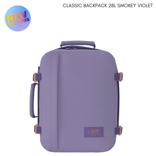 CabinZero Classic Smoky Violet 28L backpack in pastel violet with matching accents, front view, perfect for travel and daily use, available at ideale lifestyle.

