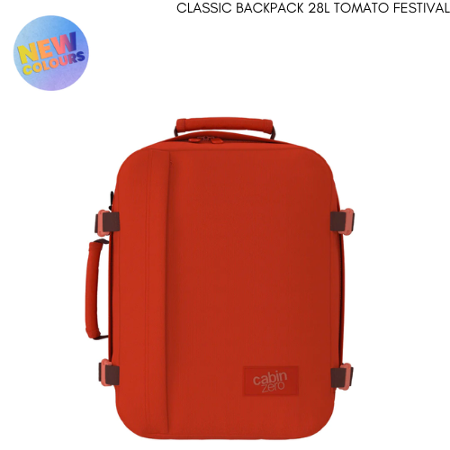 CabinZero Classic Tomato Festival 28L backpack in vibrant red with matching accents, front view, perfect for travel and daily use, available at ideale lifestyle