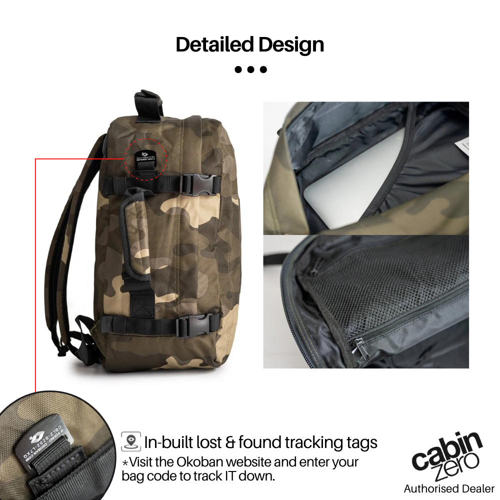 CabinZero Classic Urban Camo 28L backpack detailed design showing side profile with in-built Okoban lost and found tracking tag, padded laptop compartment, and internal mesh pocket, available at ideale lifestyle