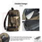 CabinZero Classic Urban Camo 28L backpack detailed design showing side profile with in-built Okoban lost and found tracking tag, padded laptop compartment, and internal mesh pocket, available at ideale lifestyle