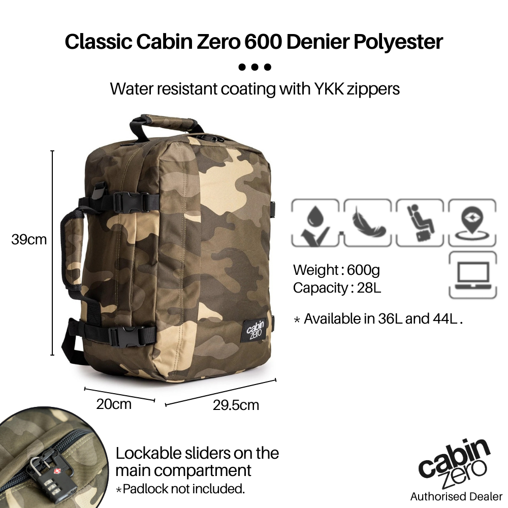 CabinZero Classic Urban Camo 28L backpack with dimensions, weight, 600 denier polyester, water resistant coating, YKK zippers, lockable sliders, and laptop compatibility highlighted, available at ideale lifestyle