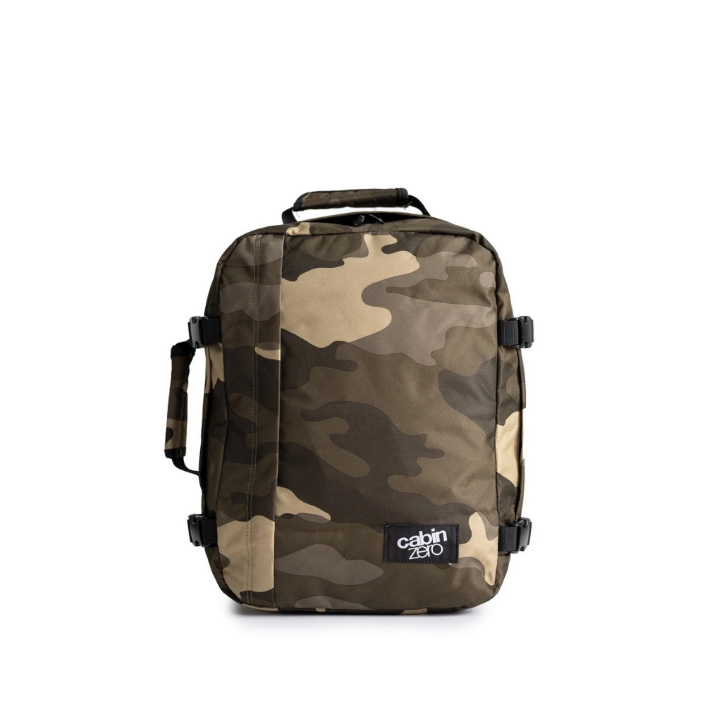 CabinZero Classic Urban Camo 28L backpack with camouflage pattern and black accents, front view, ideal for travel and outdoor use, available at ideale lifestyle