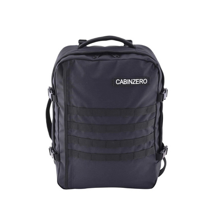 CabinZero Military 36L backpack in Black color, tactical water-resistant travel rucksack with MOLLE webbing, lightweight, spacious carry-on cabin bag for outdoor and adventure travel