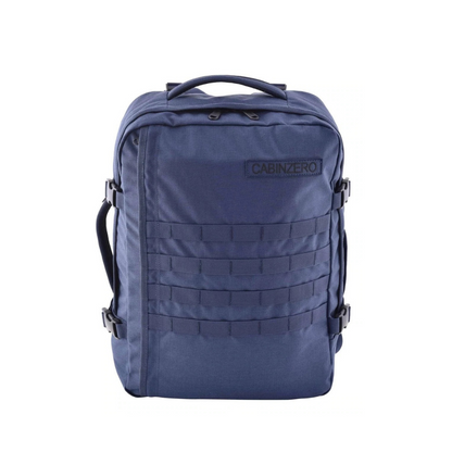 CabinZero Military 36L backpack in Navy color, tactical water-resistant travel rucksack with MOLLE webbing, lightweight and spacious carry-on cabin bag for outdoor and adventure travel