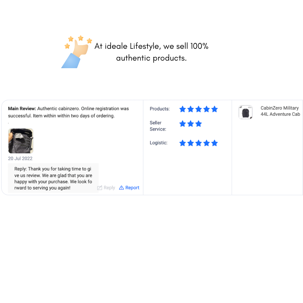 Customer review for CabinZero Military 44L Adventure Cabin Bag showing 5-star ratings on product, service, and logistics from Ideale Lifestyle