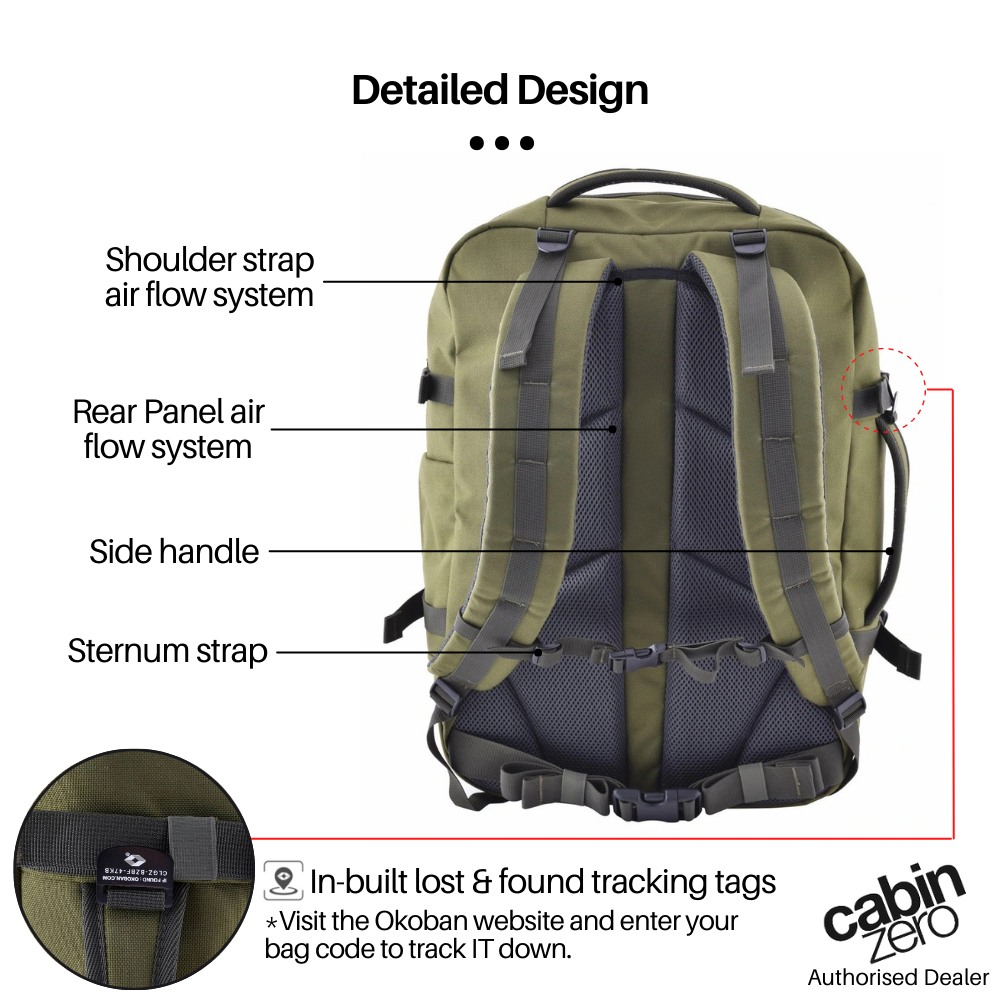 CabinZero Military 44L Adventure Cabin Bag back view highlighting airflow shoulder straps, rear panel, sternum strap, side handle, and Okoban lost & found tracking tag