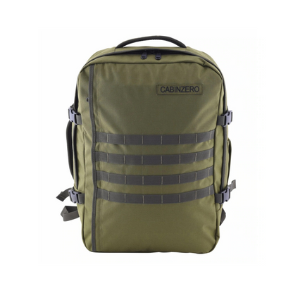 CabinZero Military 44L Adventure Cabin Bag in green with MOLLE webbing, ideal for travel and adventure gear storage